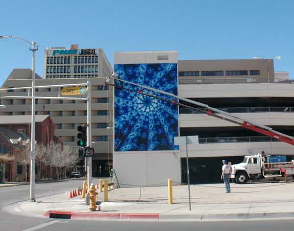 The big Fractal goes up in Downtown Albuquerque. Originally created by Rachel W., a 5th grader, this vinyl banner measures 20' x 28'!
